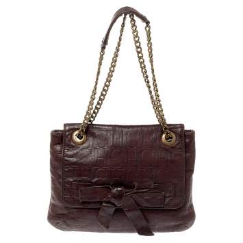 Pre Owned Carolina Herrera Dark Brown Monogram Embossed Leather Bow Flap Shoulder Bag