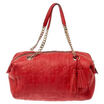 Pre Owned Carolina Herrera Red Embossed Leather Tassel Satchel