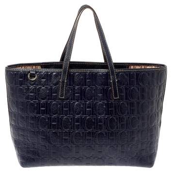 Pre Owned Carolina Herrera Navy Blue Monogram Embossed Leather Shopper Tote