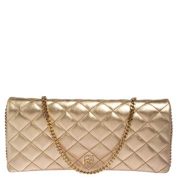 Pre Owned Carolina Herrera Metallic Gold Quilted Leather Flap Chain Clutch