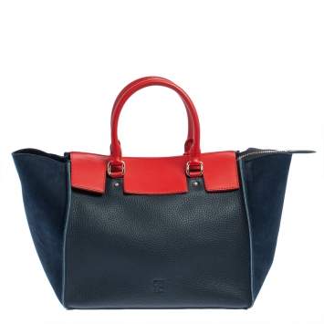 Pre Owned Carolina Herrera Navy Blue/Red Nubuck and Leather Vendome Tote