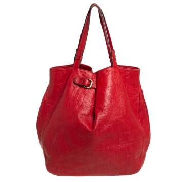 Pre Owned Carolina Herrera Red Monogram Leather Matryoshka Tote
