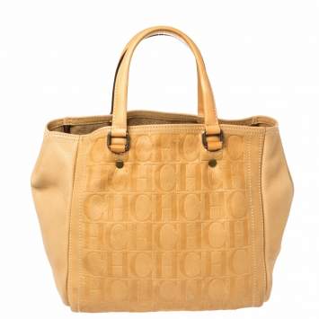 Pre Owned Carolina Herrera Beige Monogram Leather Andy Tote