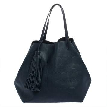 Pre Owned Carolina Herrera Blue Monogram Leather Matryoshka Tote