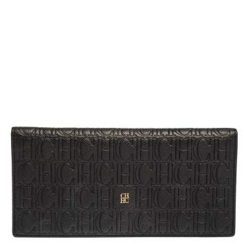 Pre Owned Carolina Herrera Black Monogram Embossed Leather Bifold Long Wallet