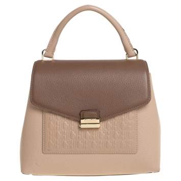 Pre Owned Carolina Herrera Beige/Brown Monogram Embossed Leather Top Handle Bag