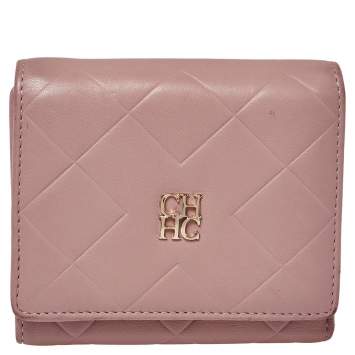 Pre Owned Carolina Herrera Nude Pink Quilted Leather Logo Flap Trifold Wallet