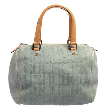 Pre Owned Carolina Herrera Powder Blue Monogram Embossed Leather Andy Boston Bag