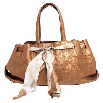 Pre Owned Carolina Herrera Metallic Gold Monogram Embossed Leather Scarf Tote