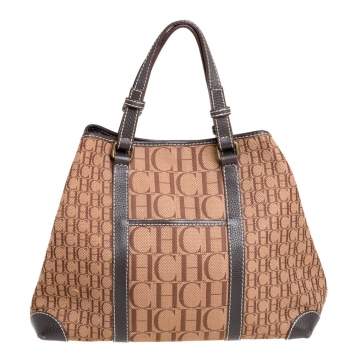 Pre Owned Carolina Herrera Brown Monogram Canvas and Leather Tote