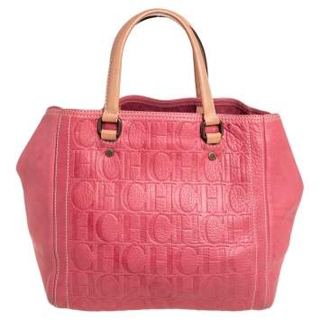 Pre Owned Carolina Herrera Pink Monogram Leather Tote 