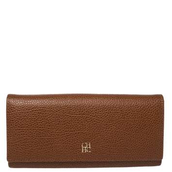 Pre Owned Carolina Herrera Brown Leather Flap Continental Wallet
