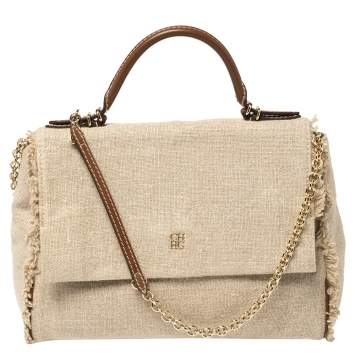 Pre Owned Carolina Herrera Beige Canvas Minuetto Flap Top Handle Bag