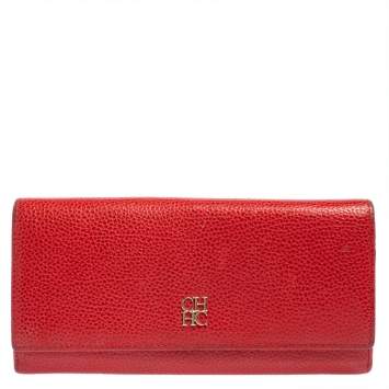 Pre Owned Carolina Herrera Red Leather Flap Continental Wallet