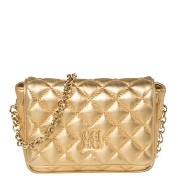 Pre Owned Carolina Herrera Gold Quilted  Leather Flap Chain Crossbody Bag