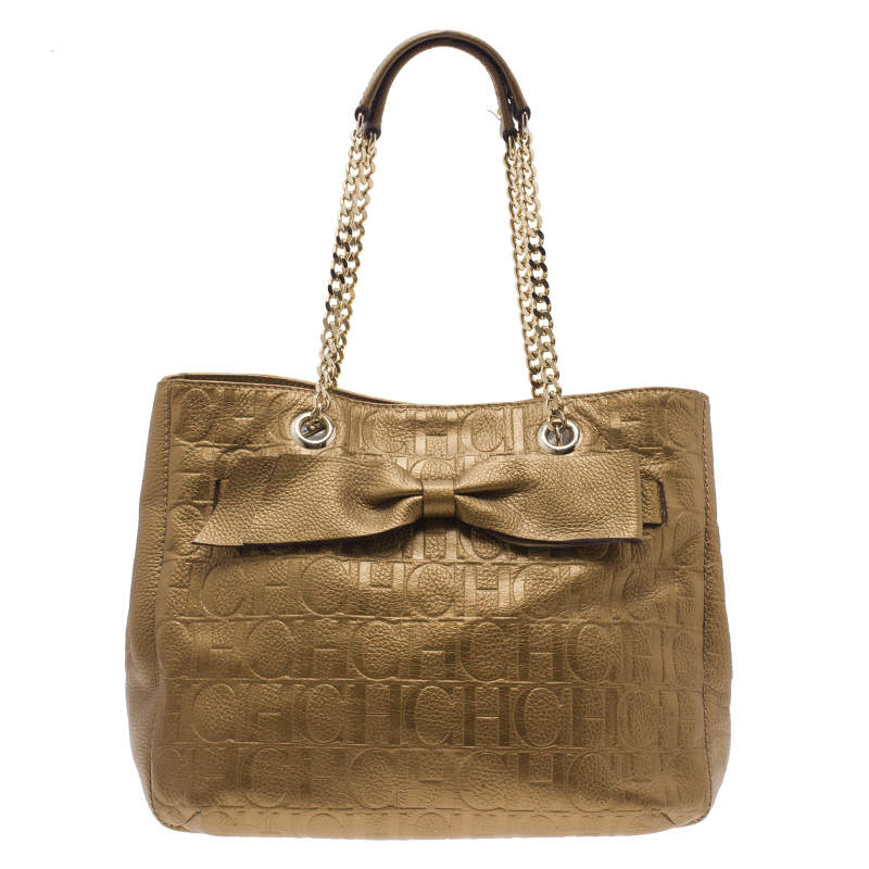 Pre Owned Carolina Herrera Gold Monogram Leather Audrey Tote Bag
