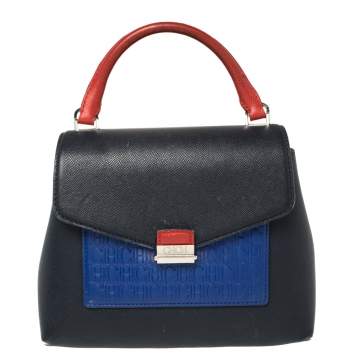 Pre Owned Carolina Herrera Multicolor Monogram Embossed Leather Flap Top Handle Bag