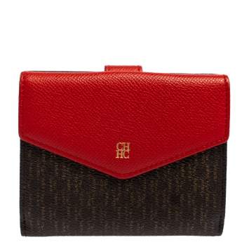 Pre Owned Carolina Herrera Red/Brown Monogram Coated Canvas and Leather Flap Compact Wallet