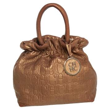 Pre Owned Carolina Herrera Metallic Gold Monogram Leather Bucket Bag