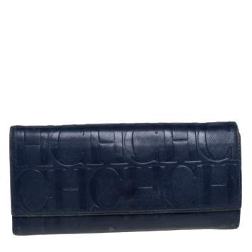 Pre Owned Carolina Herrera Blue Monogram Leather Continental Wallet