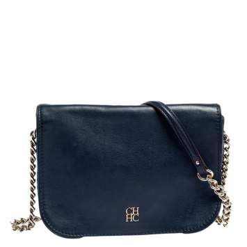 Pre Owned Carolina Herrera Blue Leather New Baltazar Flap Shoulder Bag