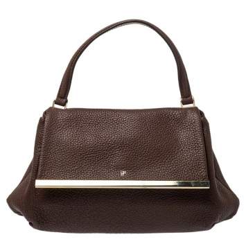 Pre Owned Carolina Herrera Brown Leather Metal Frame Top Handle Bag