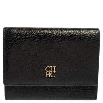 Pre Owned Carolina Herrera Black Grained Leather Trifold Wallet