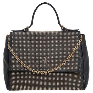 Pre Owned Carolina Herrera Black Leather Minuetto Studded Top Handle Bag