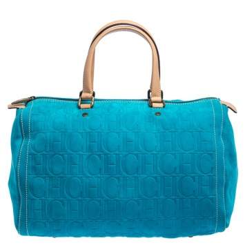 Pre Owned Carolina Herrera Turquoise Monogram Suede and Leather Large Andy Boston Bag