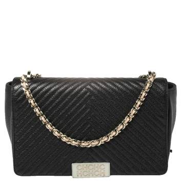 Pre Owned Carolina Herrera Black Chevron Leather Bimba Flap Bag