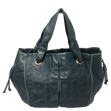 Pre Owned Carolina Herrera Dark Teal Blue Embossed Leather Side String Hobo