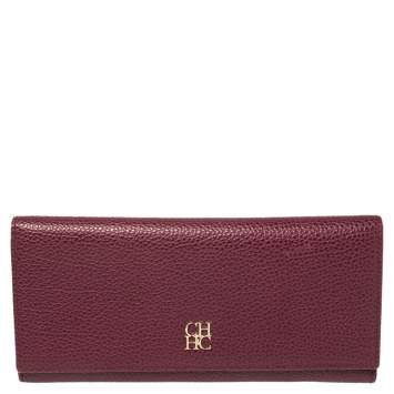 Pre Owned Carolina Herrera Burgundy Leather Flap Continental Wallet