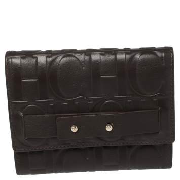 Pre Owned Carolina Herrera Brown Monogram Leather Trifold Wallet