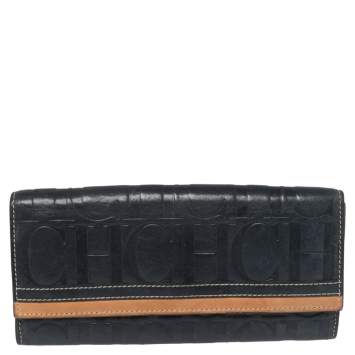 Pre Owned Carolina Herrera Blue/Tan Embossed Leather Flap Wallet