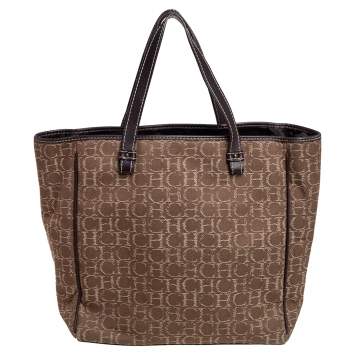 Pre Owned Carolina Herrera Beige/Dark Brown Monorgam Fabric and Leather Open Tote