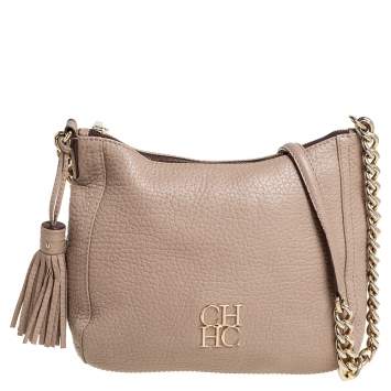 Pre Owned Carolina Herrera Beige Leather Chain Tassel Shoulder Bag