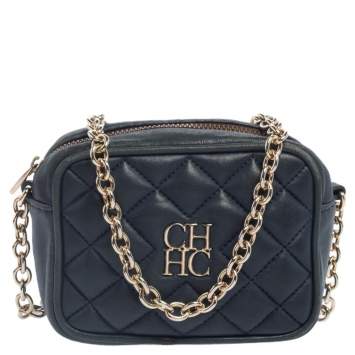 Pre Owned Carolina Herrera Blue Quilted Leather Chain Crossbody Bag