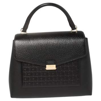 Pre Owned Carolina Herrera Black Monogram Leather Flap Top Handle Bag