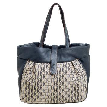Pre Owned Carolina Herrera Blue/Off White Monogram Canvas and Leather Hobo