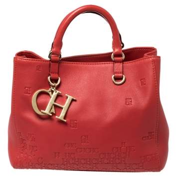 Pre Owned Carolina Herrera Red Leather Logo Embossed Charm Tote