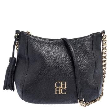 Pre Owned Carolina Herrera Black Leather Chain Tassel Shoulder Bag