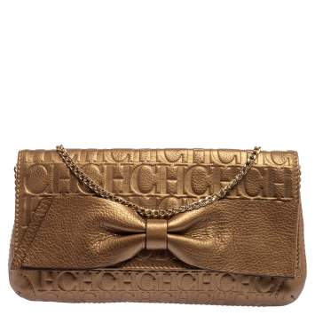 Pre Owned Carolina Herrera Gold Monogram Embossed Leather Bow Chain Clutch 