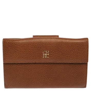 Pre Owned Carolina Herrera Brown Leather Flap Wallet Oragnizer 