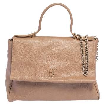 Pre Owned Carolina Herrera Beige Leather Minuetto Flap Top Handle Bag