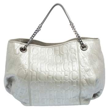 Pre Owned Carolina Herrera Metallic Grey Monogram Embossed Leather Chain Hobo