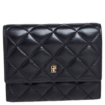 Pre Owned Carolina Herrera Black Quilted Leather Trifold Wallet