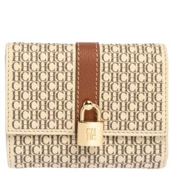 Pre Owned Carolina Herrera Beige/Brown Monogram Coated Canvas Flap Compact Wallet