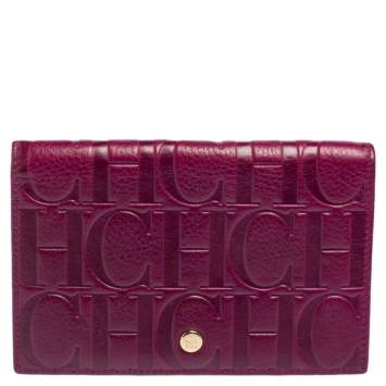 Pre Owned Carolina Herrera Purple Monogram Embossed Leather Bifold Wallet Organizer  