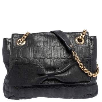 Pre Owned Carolina Herrera Black Embossed Leather Bow Flap Shoulder Bag