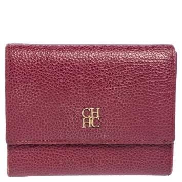 Pre Owned Carolina Herrera Burgundy Grained Leather Trifold Wallet